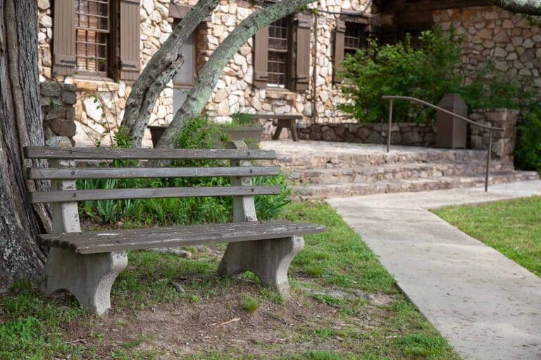 Bench outside the park office at F. D. Roosevelt State Park in Harris County, Georgia.